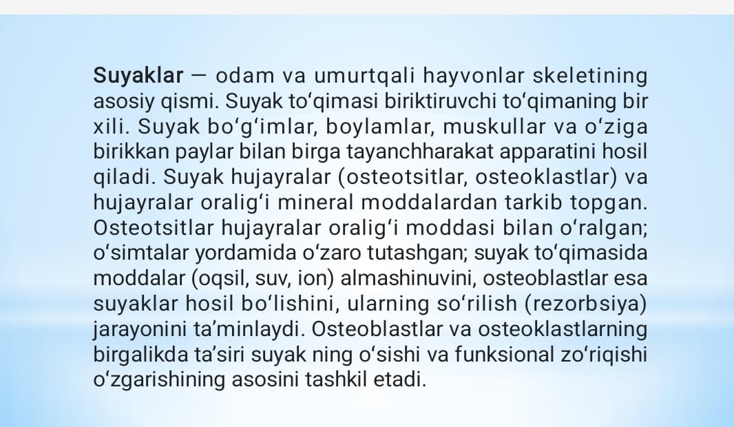 Suyak to’qimalarining minerallashuvi, uning tartibga solinishi va buzilishilari. Suyak to’qimalarining regeneratsiyasi va transplantatsiyasi. Suyakning o’sishga ta’sir etuvchi omillar.