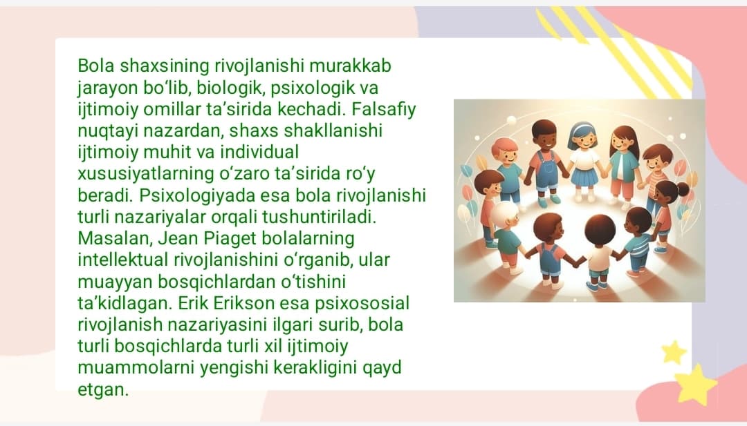 Bola shaxsining rivojlanishi va uning muhitga bog'liqligi