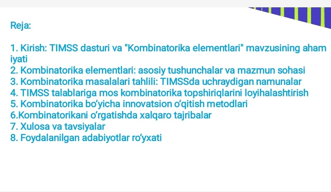 TIMSS xalqaro baholash dasturida "Kombinatorika elementlari" mazmun sohasiga oid topshiriqlar