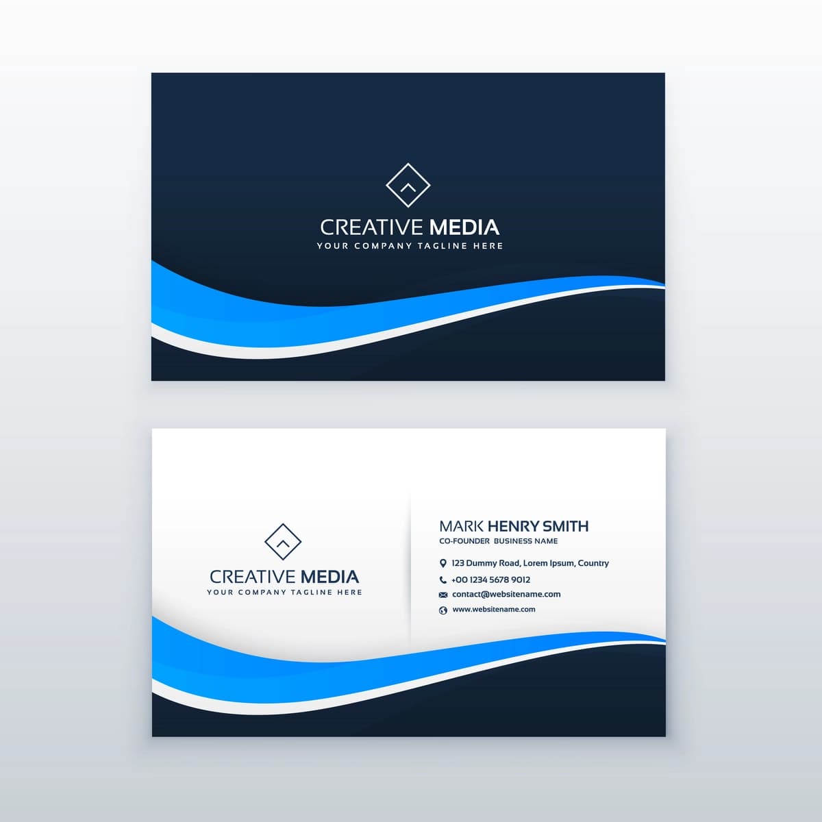 To'lqinsimon shaklli ko'k tashrif qog'ozi dizayni | Blue business card design with wavy shape