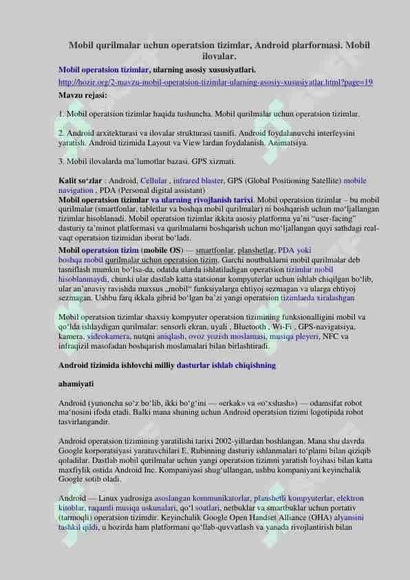 Mobil qurilmalar uchun operatsion tizimlar. Android platformalar. Mobil ilovalar