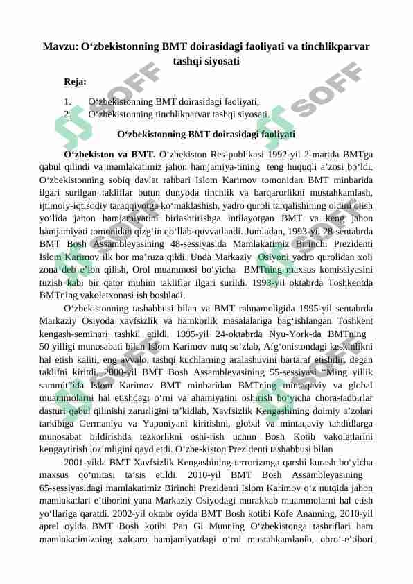 O‘zbekistonning BMT doirasidagi faoliyati va tinchlikparvar tashqi siyosati