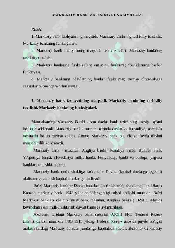 MARKAZIY BANK VA UNING FUNKSIYALARI