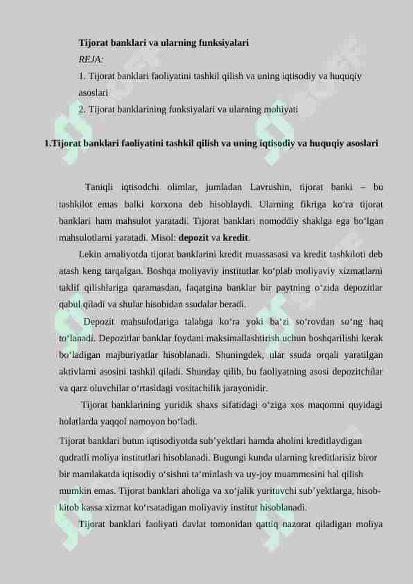 Tijorat banklari va ularning funksiyalari