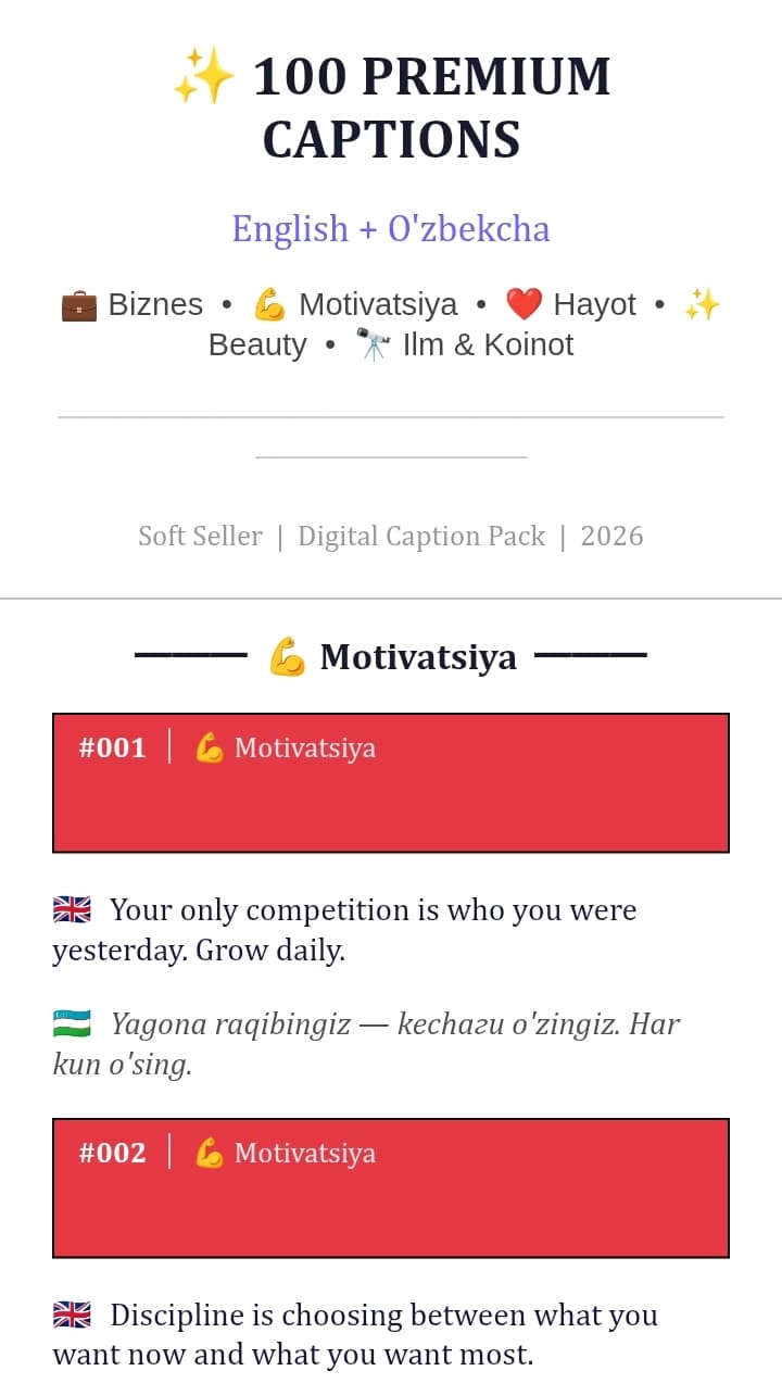100 Premium Instagram & Social Media Captions
(English + O'zbekcha)