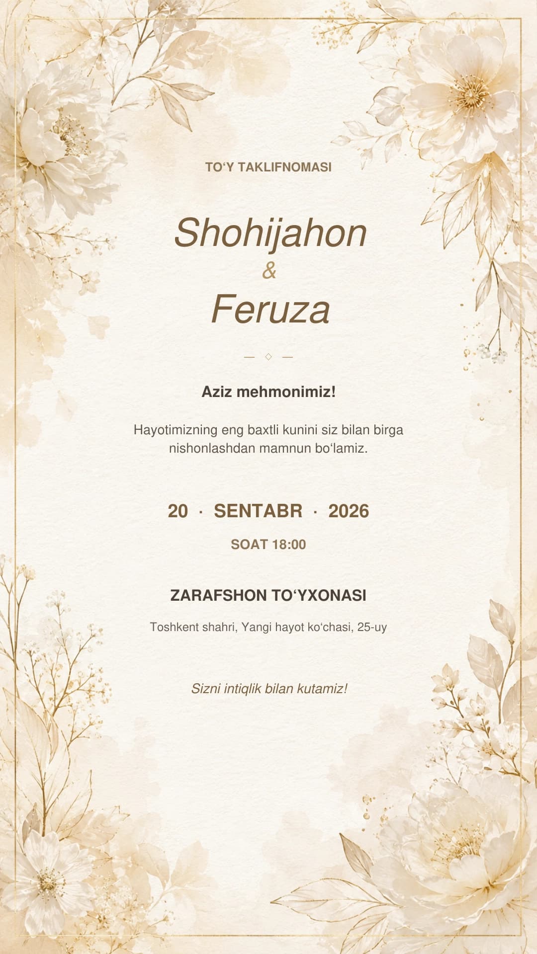 Zamonaviy elektron to‘y taklifnomasi | Telefon va Telegram uchun | PPTX + JPG + PNG