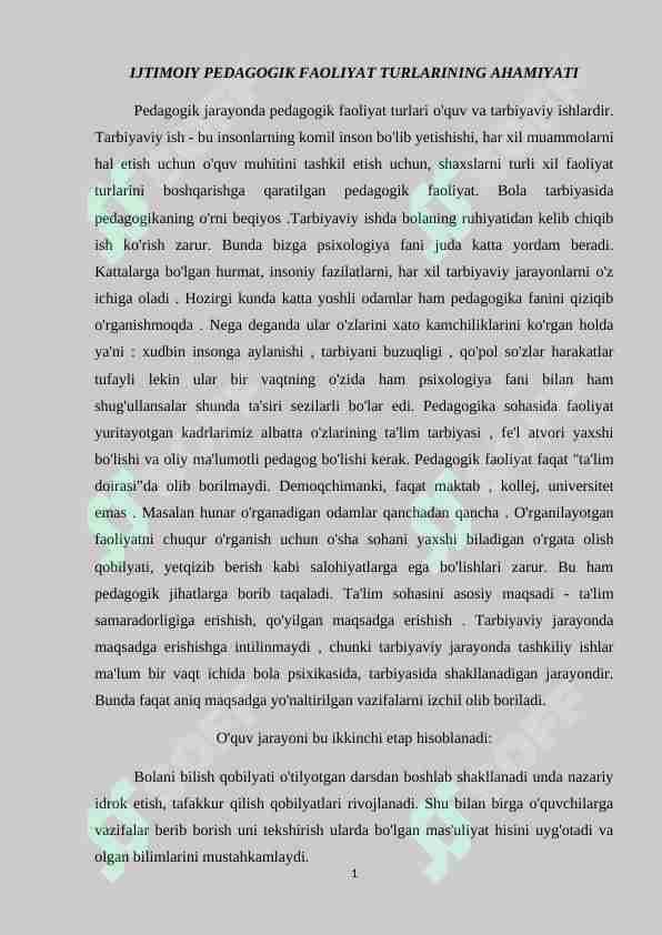 IJTIMOIY PEDAGOGIK FAOLIYAT TURLARINING AHAMIYATI