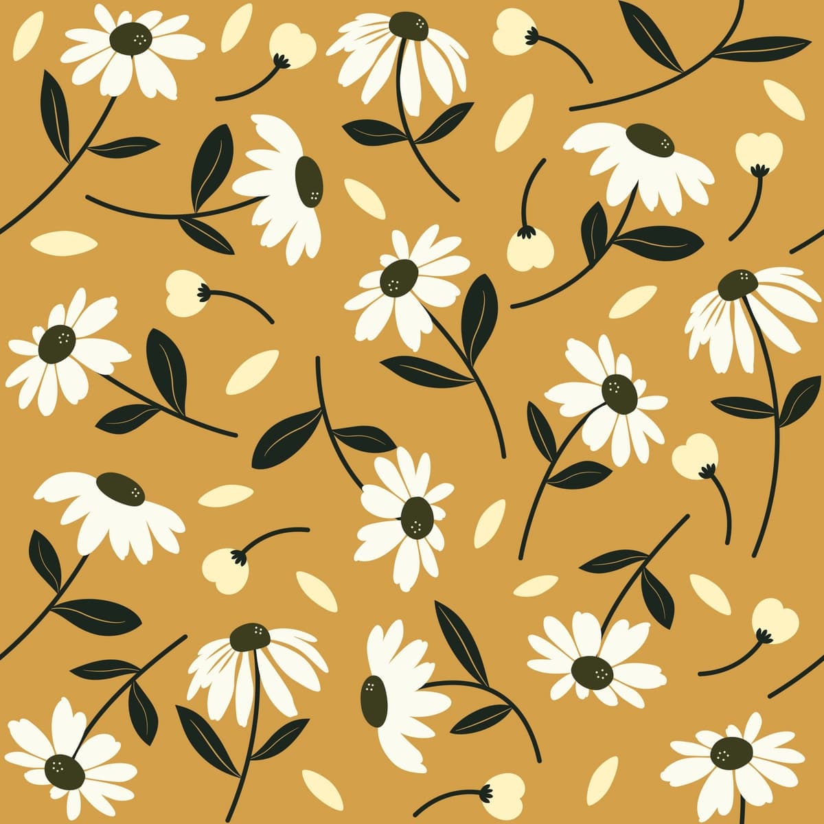 To'q yashil barglari yumshoq, to'q sariq ko'k bej rangli gullar bilan naqsh | Pattern with flowers orange blue beige with dark green leaves soft