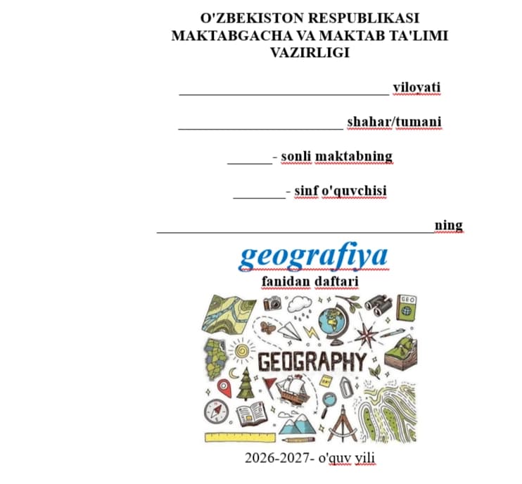 Geografiya fanidan daftar muqovasi yuzi
