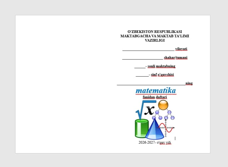 Matematika daftari muqovasi uchun yuz
