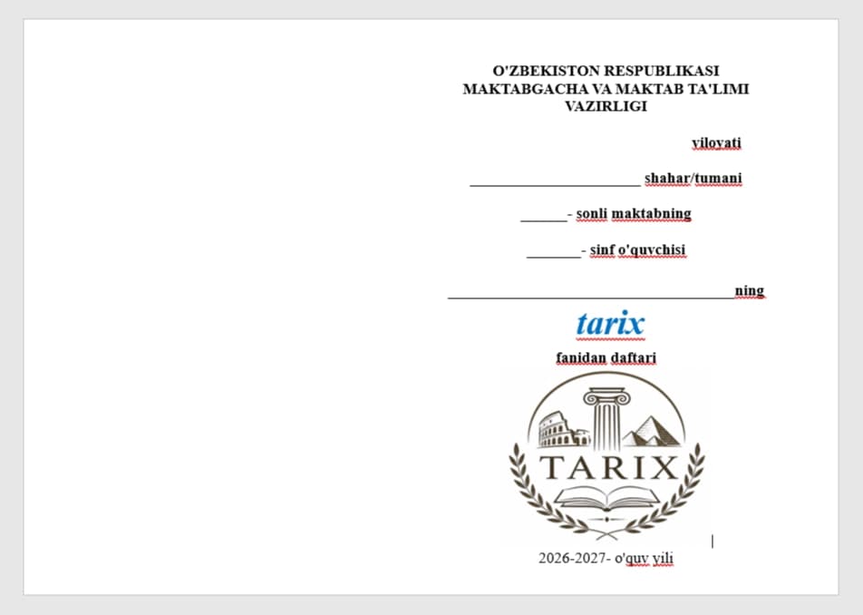 Tarix fani daftari uchun yuz