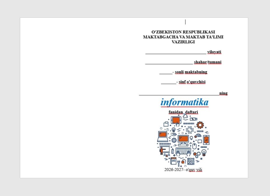 Informatika fani daftari uchun yuz