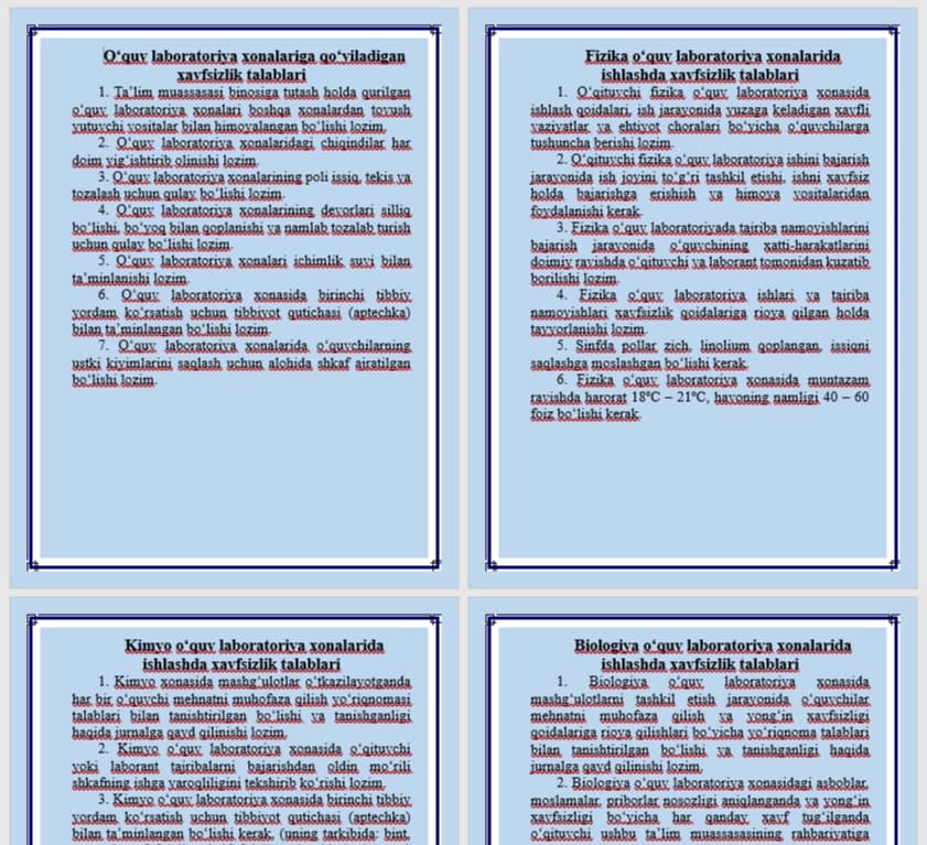 Texnika xavfsizligi qoidalari. BIOLOGIYA, KIMYO, FIZIKA laboratoriyalari uchun