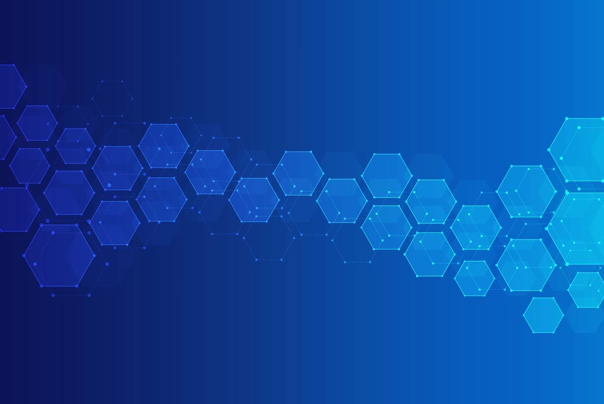 Olti burchakli naqsh ko'k fon genetik tadqiqot molekulyar tuzilishi | Hexagons pattern blue background genetic research molecular structure