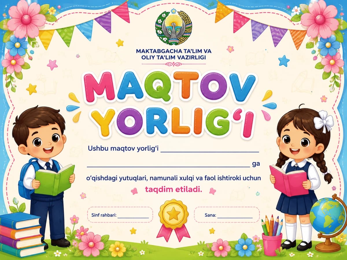 Boshlang'ich sinf o'quvchilari uchun maqtov yorlig'i
