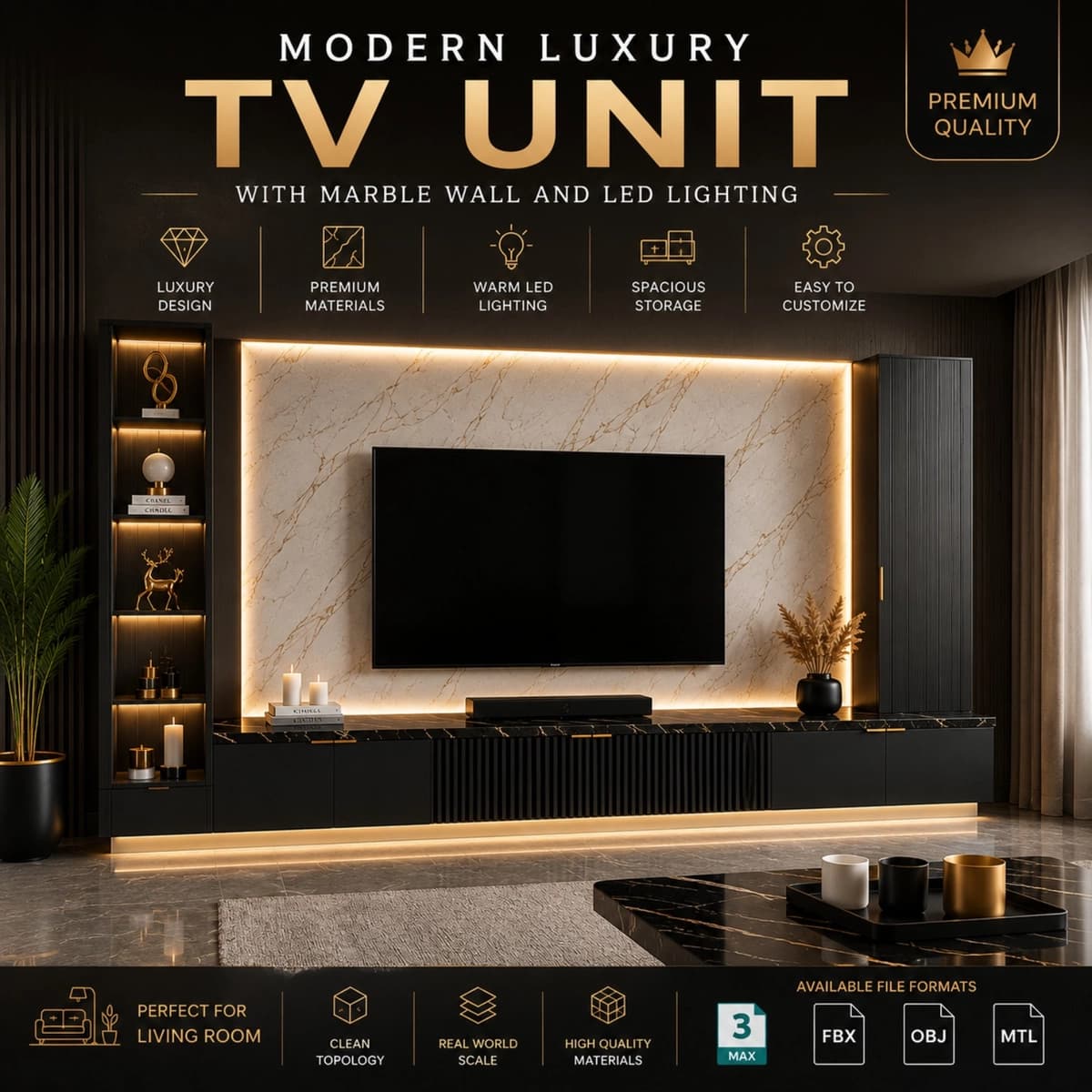 Modern Luxury TV Unit with Marble Wall and LED Lighting