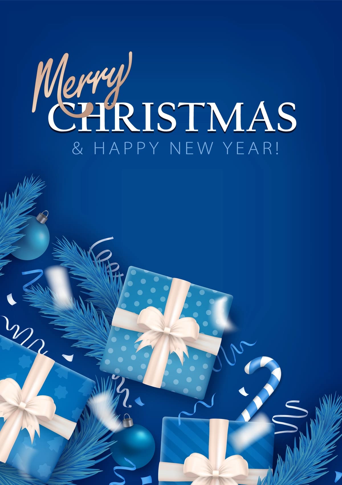 Rojdestvo bilan baxtli yangi yil vertikal tabrik kartasi ko'k bilan | Merry christmas happy new year vertical greeting card with blue