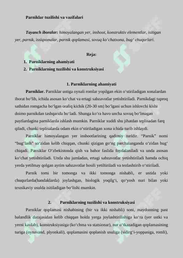 Parniklar tuzilishi va vazifalari