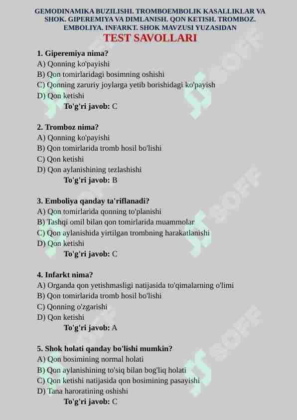 GEMODINAMIKA BUZILISHI. TROMBOEMBOLIK KASALLIKLAR VA SHOK. GIPEREMIYA VA DIMLANISH. QON KETISH. TROMBOZ. EMBOLIYA. INFARKT. SHOK