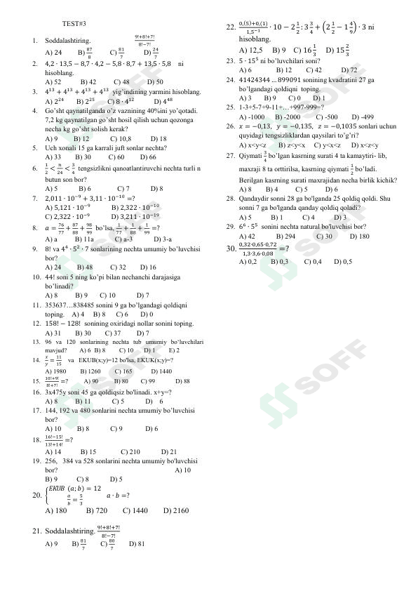 Matematika fanidan testlar 3