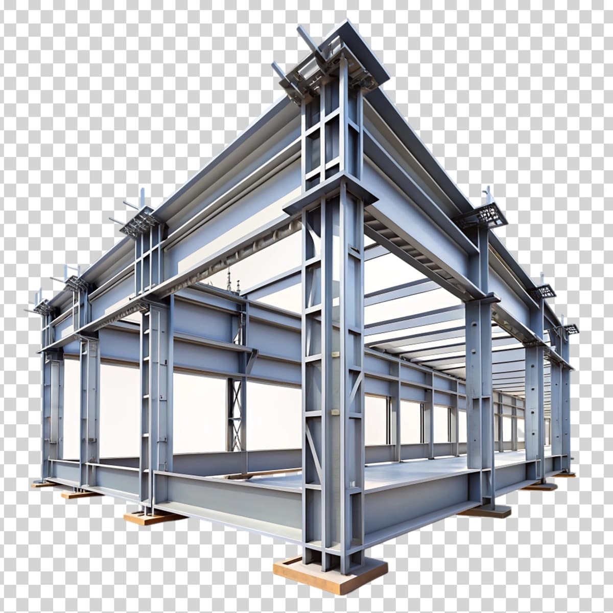 Moviy nurli metall bino shaffof fonni qo'llab-quvvatlaydi | Metal building with blue beams supports transparent background