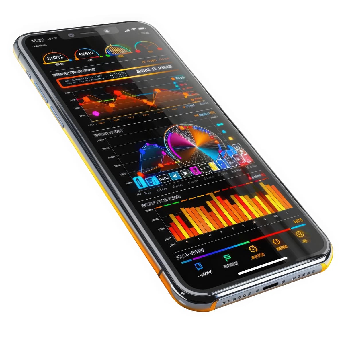 Smartfon ekrani turli xil rang-barang ma'lumotlar jadvallarini ko'rsatadi | Smartphone screen displays variety colorful data charts
