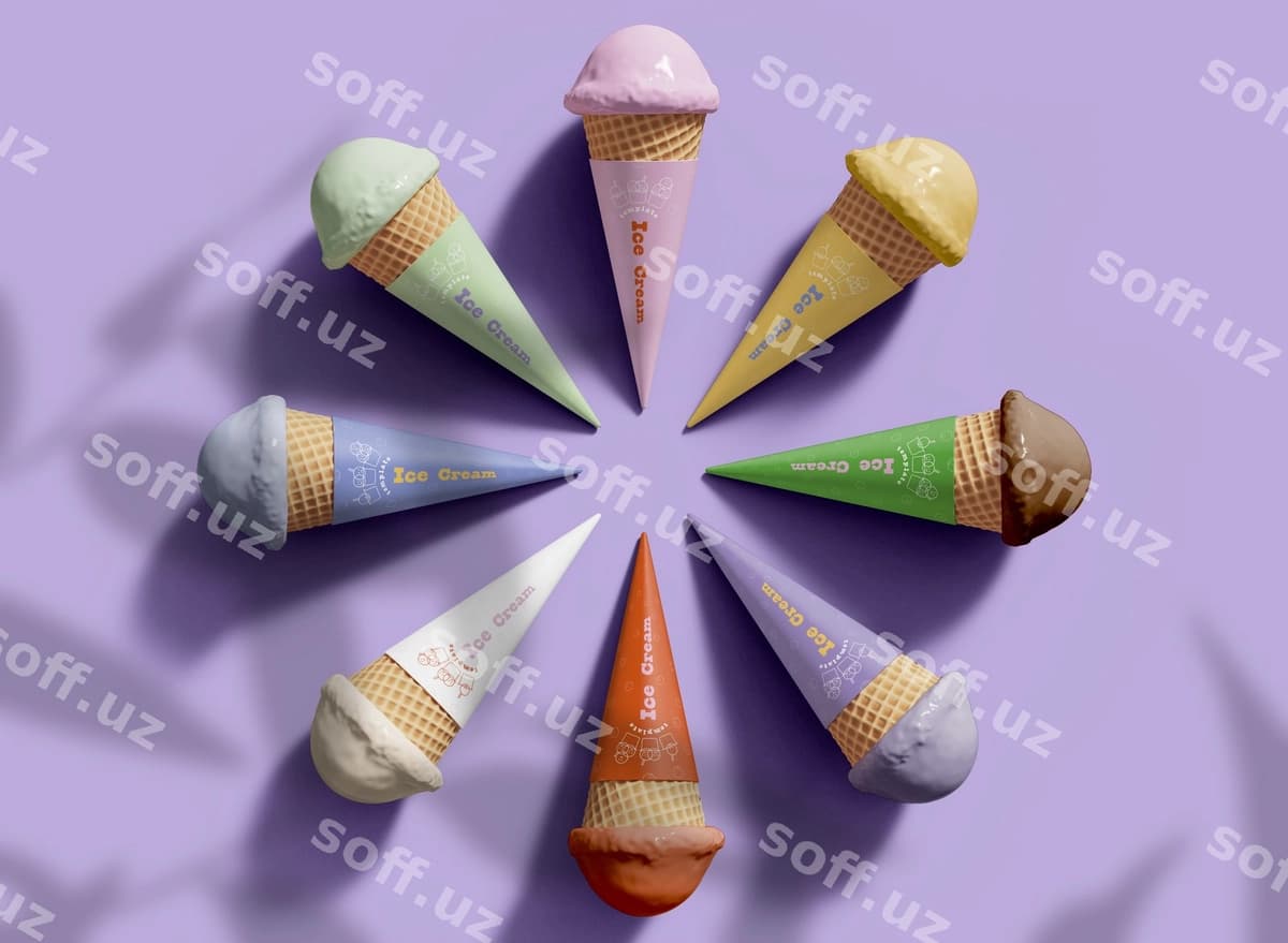 Sakkizta muzqaymoq konusining 3D yuqori ko'rinishi maketi | 3d top view eight ice cream cones mockup