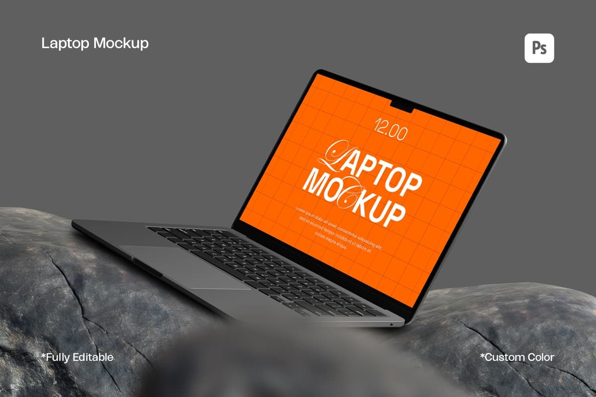 Haqiqiy noutbuk maketi tahrirlanadigan ekran ko'rinishini yaratadi | Realistic laptop mockup rocks editable screen display