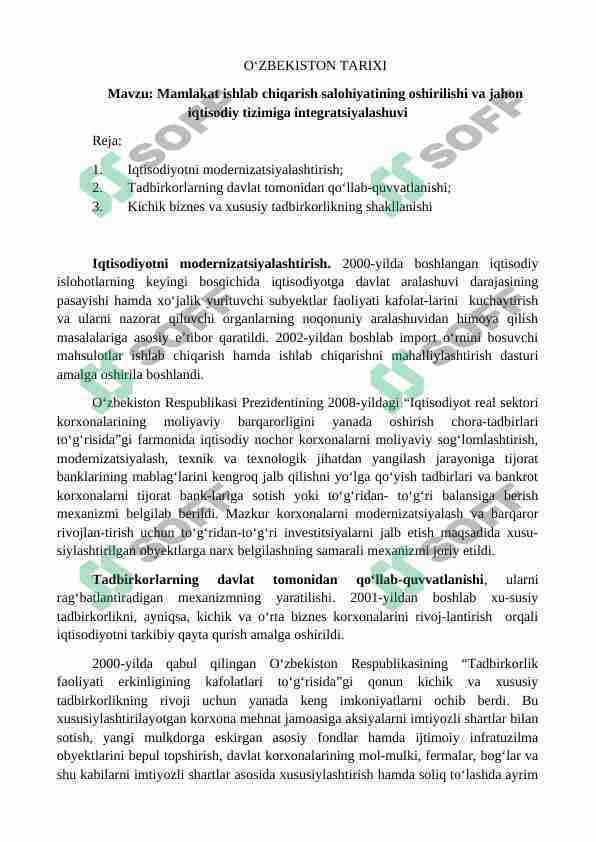 Mamlakat ishlab chiqarish salohiyatining oshirilishi va jahon iqtisodiy tizimiga integratsiyalashuvi