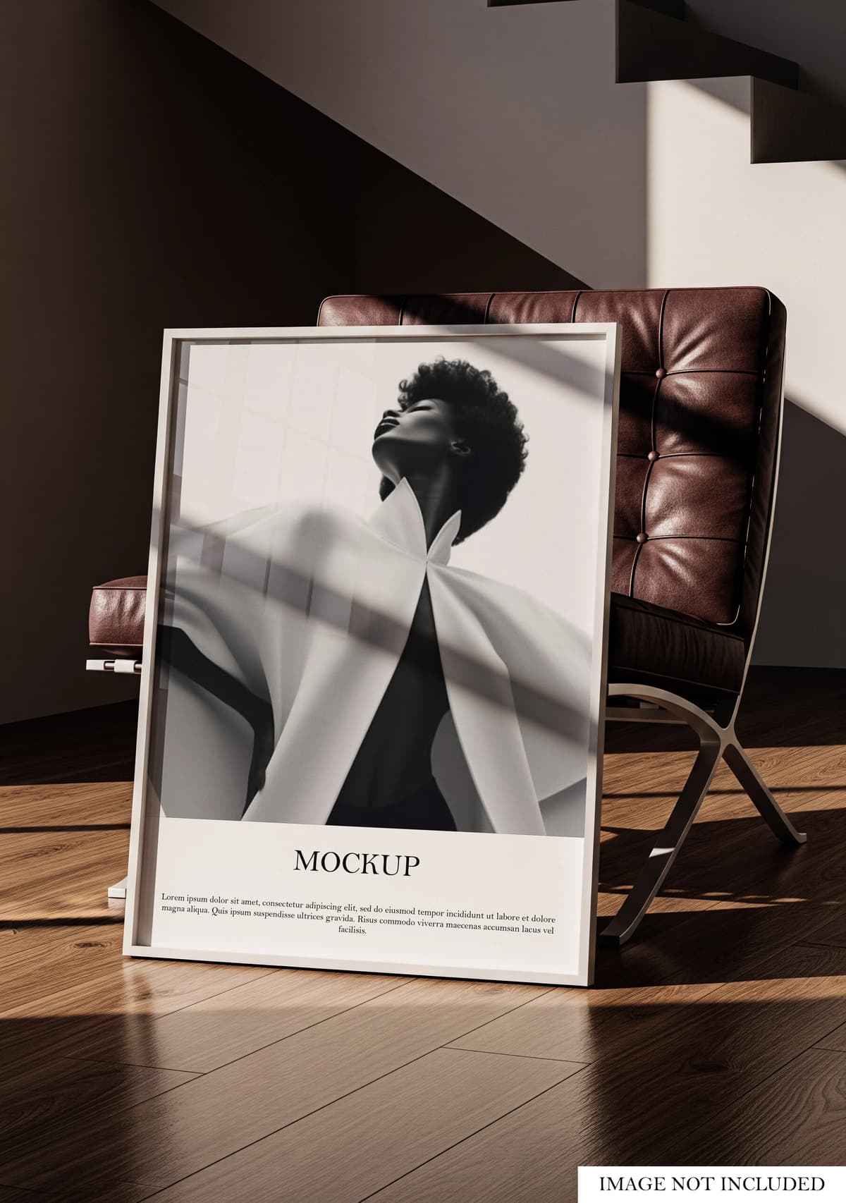 Badiiy portretli zamonaviy interyerga ega nafis ramkali plakat maket | Elegant framed poster mockup with artistic portrait modern interior