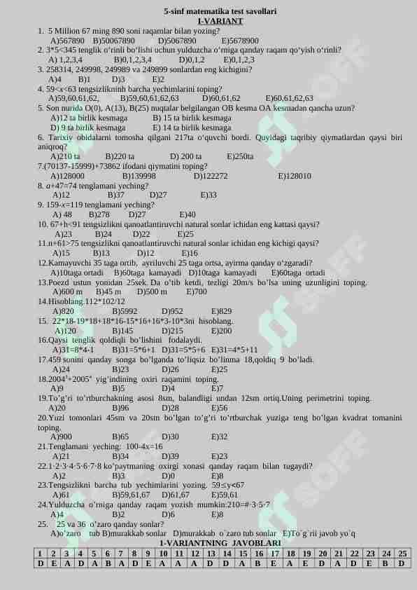 5-sinf matematikadan testlar