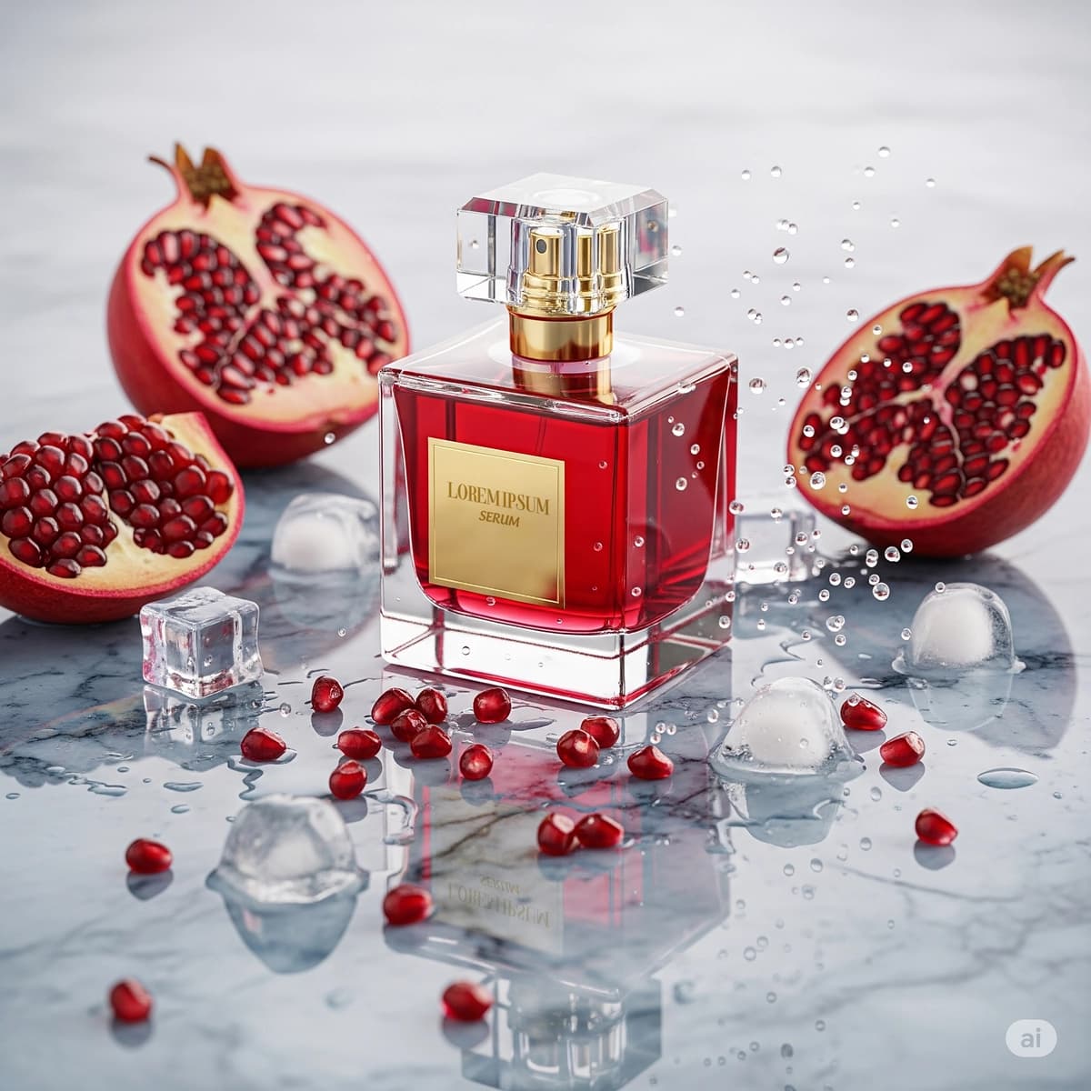 Anor maketi bilan hashamatli qizil atir | Luxurious red perfume with pomegranate mockup