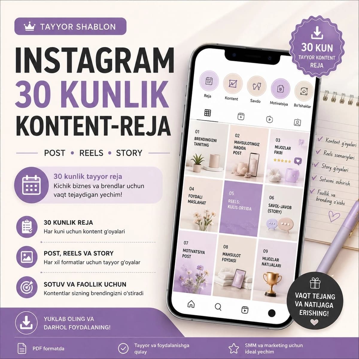 Instagram uchun 30 kunlik tayyor kontent-reja | Post, Reels va Story g'oyalari