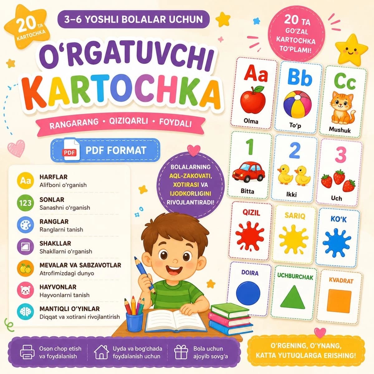 Bolalar uchun 20 ta o'rgatuvchi kartochka | 3-6 yosh