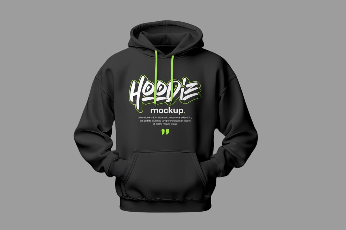Yashil aksentli matnli qora qalpoqli maketi | Black hoodie mockup with green accents text