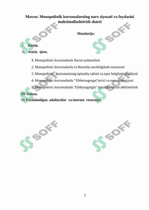 Monopolistik korxonalarning narx siyosati va foydasini maksimallashtirish sharti