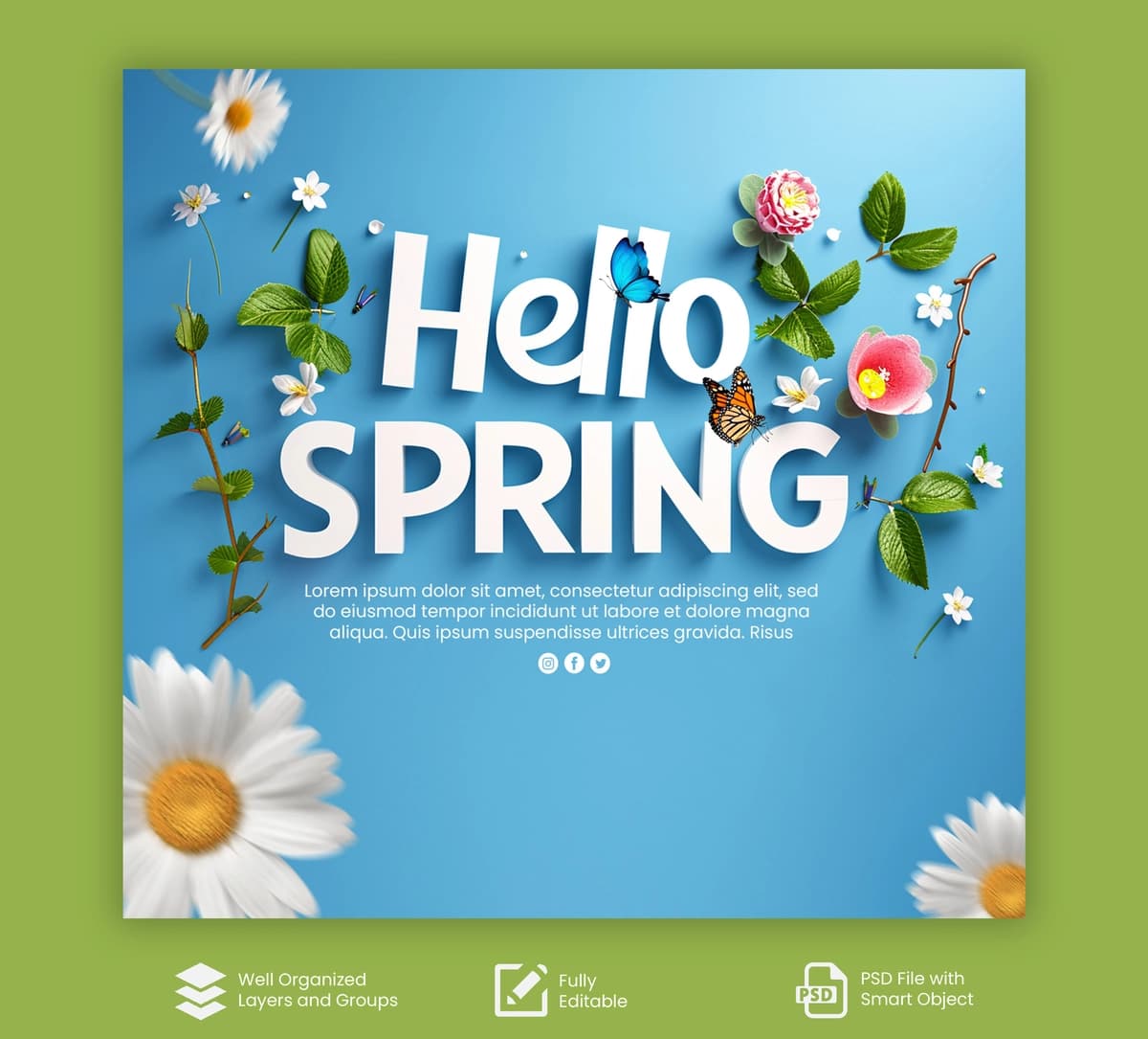 Psd salom bahor fonida gullar ramkali ijtimoiy media posti | Psd hello spring background social media post with flowers frame