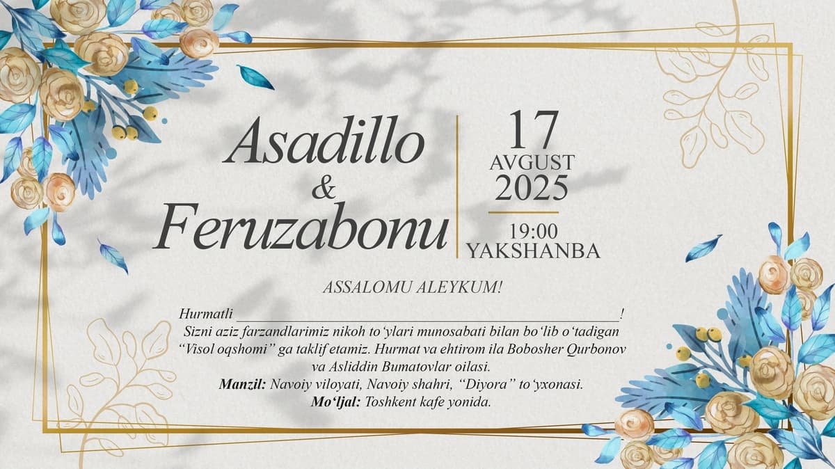 Floral zamonaviy to‘y taklifnomasi (JPG + PSD shablon)