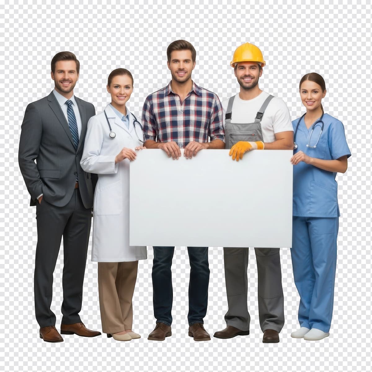 Turli kasb egalari oq varaqlarni ushlab turishibdi | Diverse professionals from various occupations holding blank white