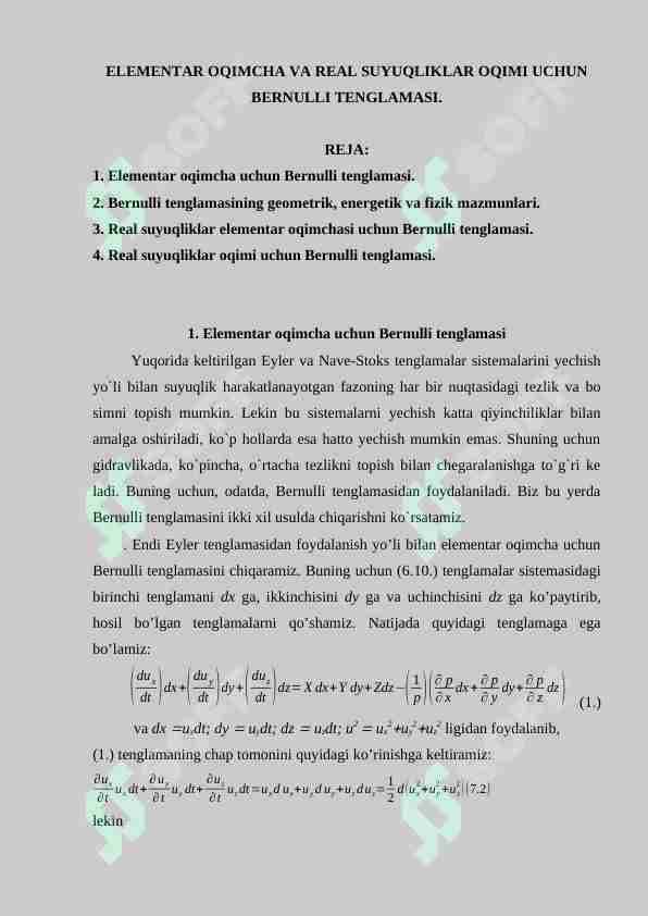 ELEMENTAR OQIMCHA VA REAL SUYUQLIKLAR OQIMI UCHUN BERNULLI TENGLAMASI.