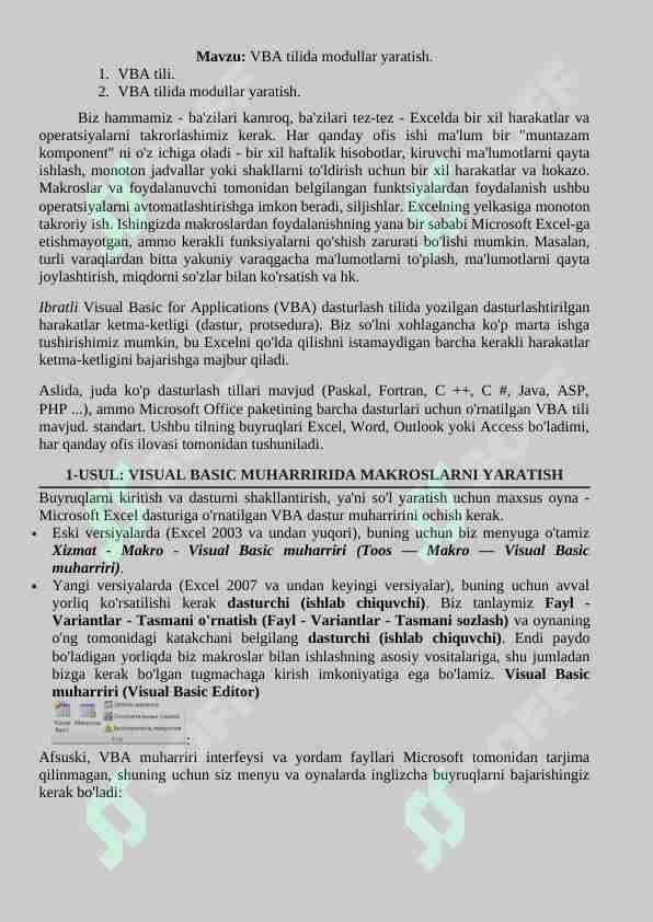 Mavzu: VBA tilida modullar yaratish.