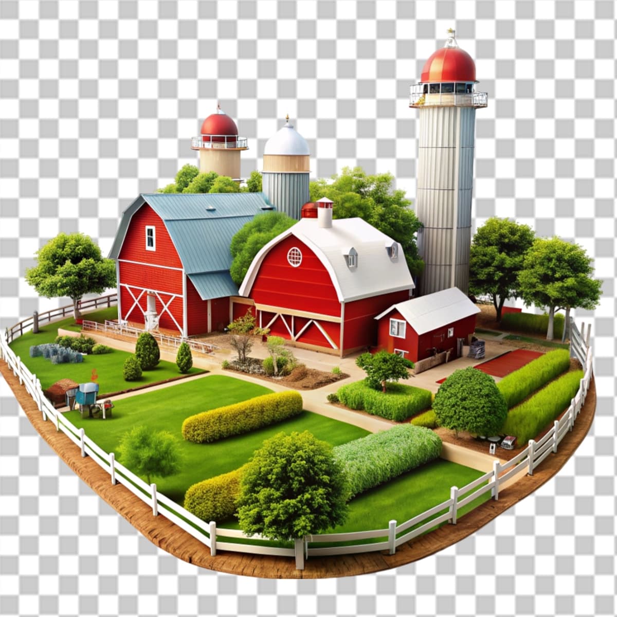 O'tloqli olma daraxti shaffof fon bilan qizil ombor | Red barn with meadow apple tree transparent background
