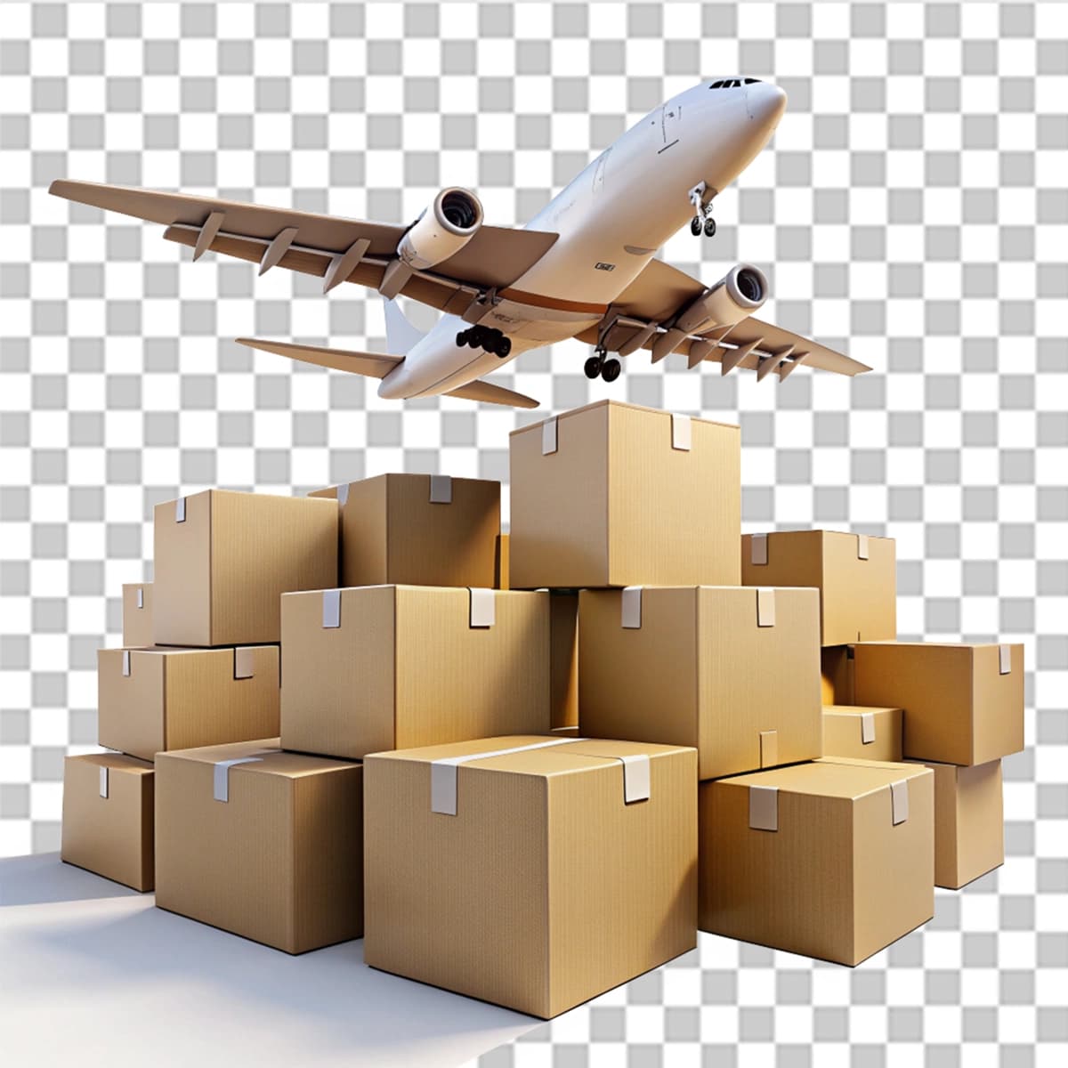 Shaffof fonda uchayotgan jigarrang karton qutilar guruhi | Group brown cardboard boxes flying airplane transparent background