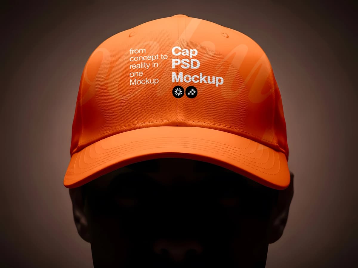 To'q sariq beysbol kepkasi, dramatik yorug'lik bilan bezatilgan psd maket boshi | Orange baseball cap psd mockup head with dramatic lighting