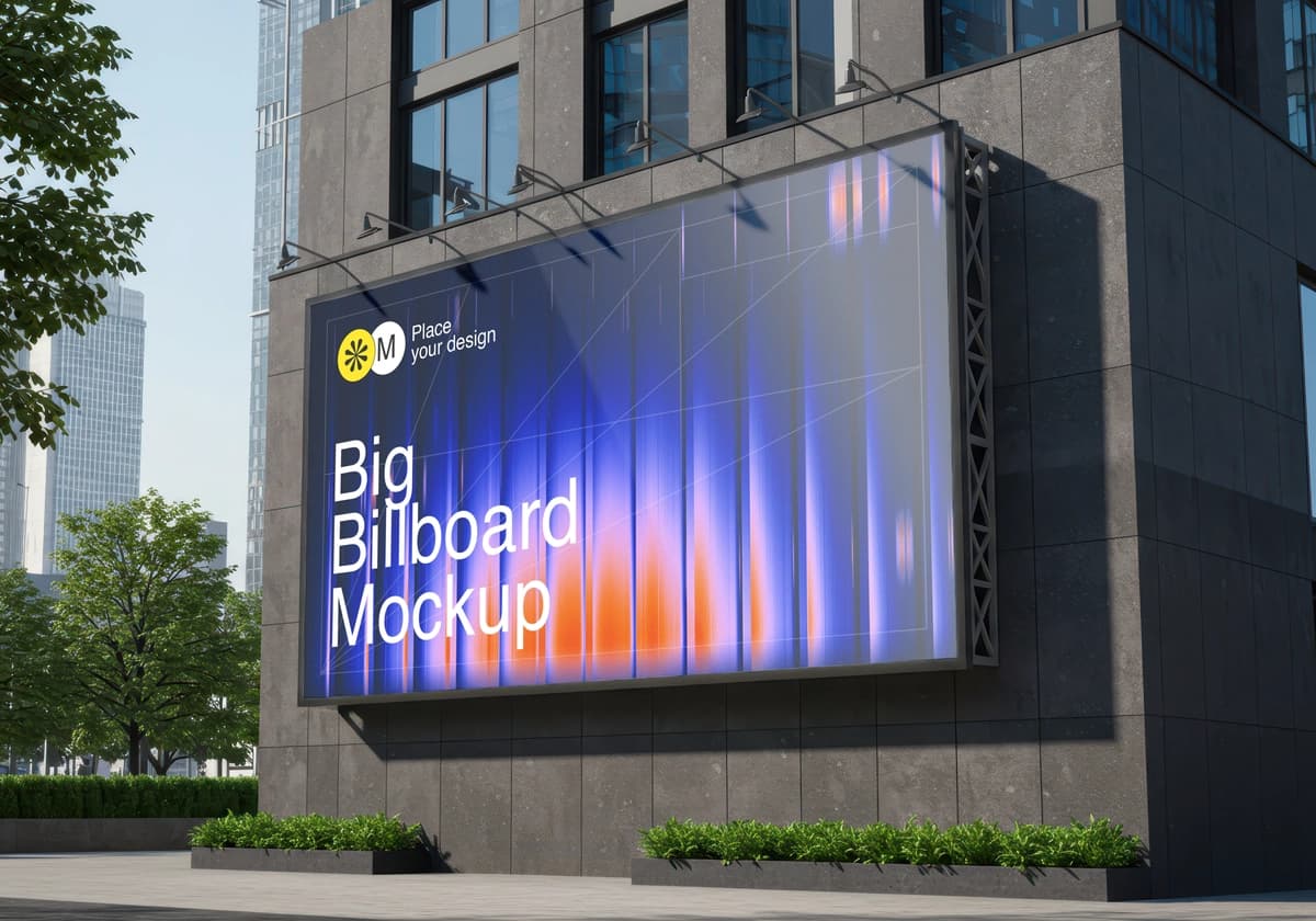 Zamonaviy binoning tashqi ko'rinishidagi katta reklama taxtasi maket | Large billboard mockup modern building exterior