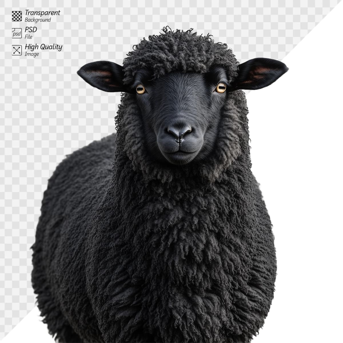 To‘g‘ridan-to‘g‘ri kamera shaffofligida jingalak junli qora qo‘y | Closeup black sheep with curly wool staring directly camera transparent