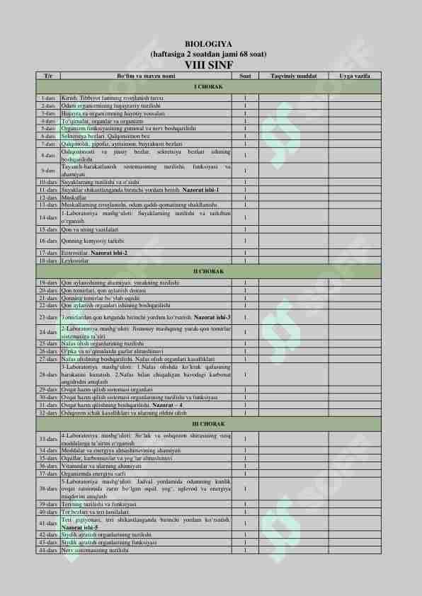 8-sinf taqvimiy reja biologiya