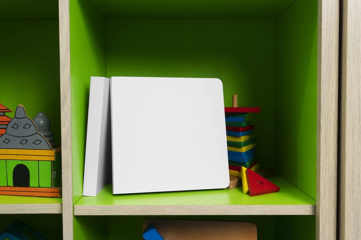Yuqori ko'rinishdagi karton bolalar kitobi maketi | Top view cardboard baby book mockup