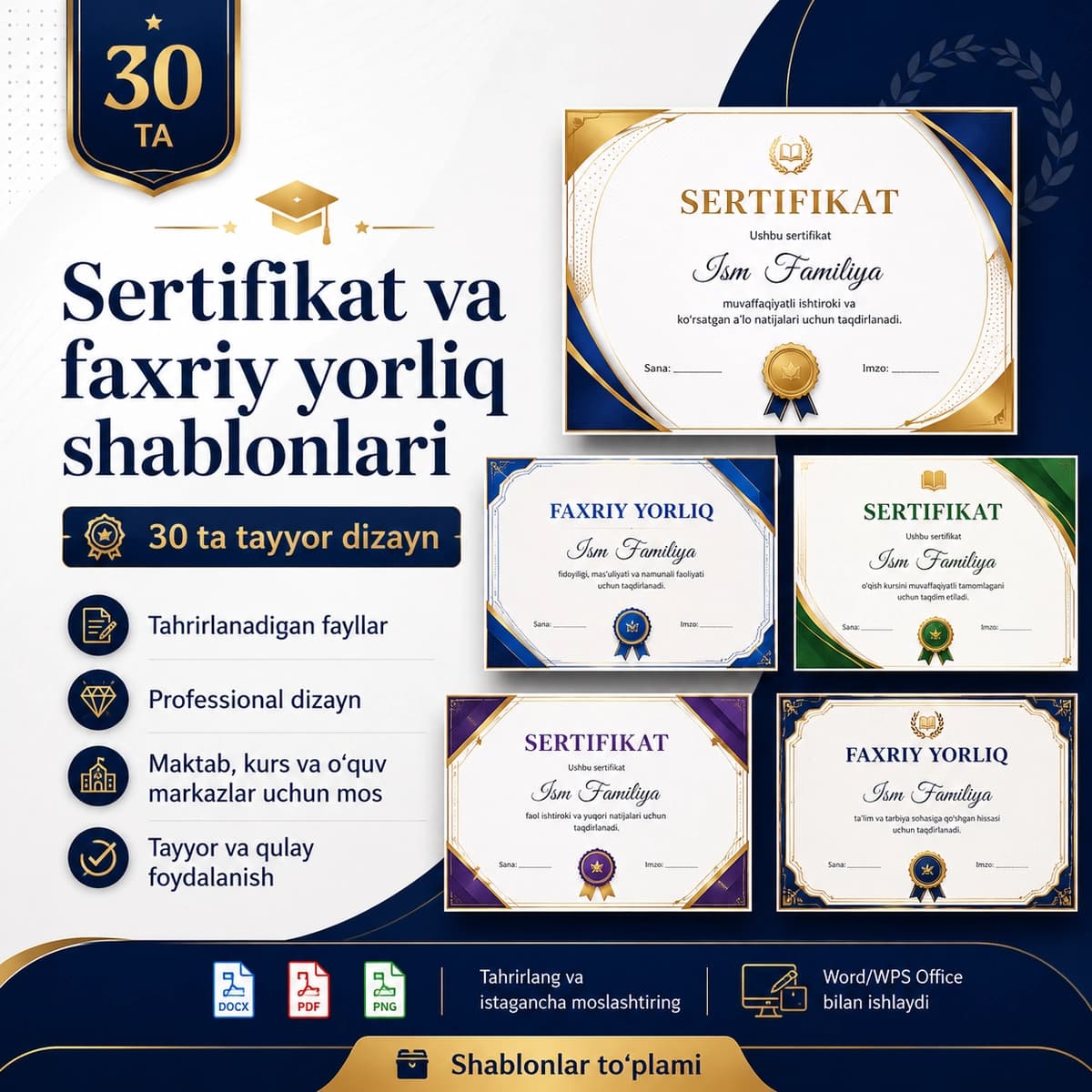 Sertifikat va faxriy yorliq shablonlari — 30 ta tayyor dizayn