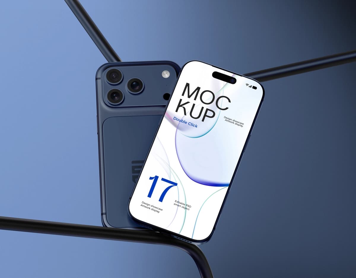 Ikkita zamonaviy suzuvchi smartfon 17 pro max maketi kavisli metall quvurlar | Dual modern floating smartphone 17 pro max mockup curved metal tubes